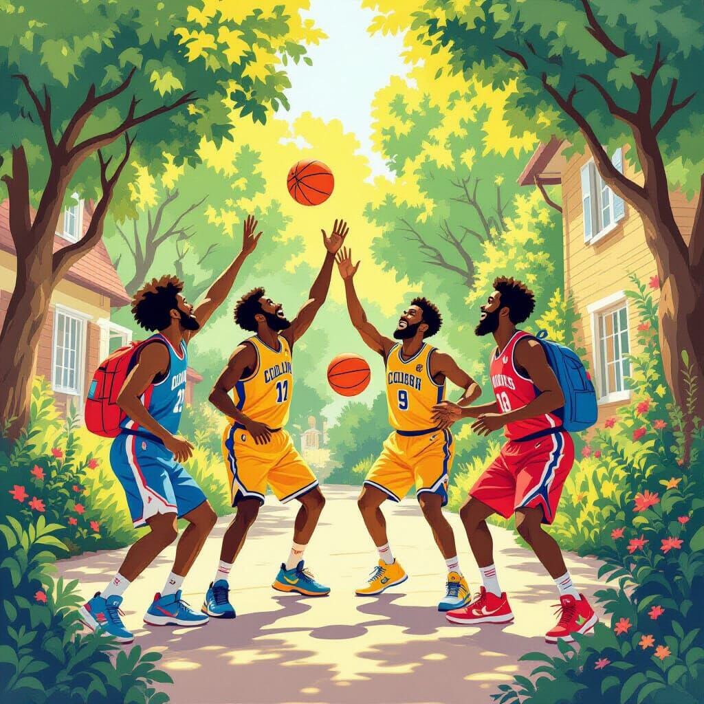 Basketballers in Vibrant Colony: Storybook Illustration