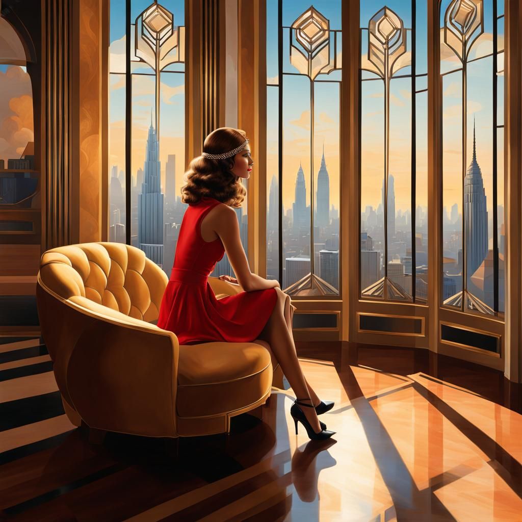 Chic Teenager in Art Deco Cityscape