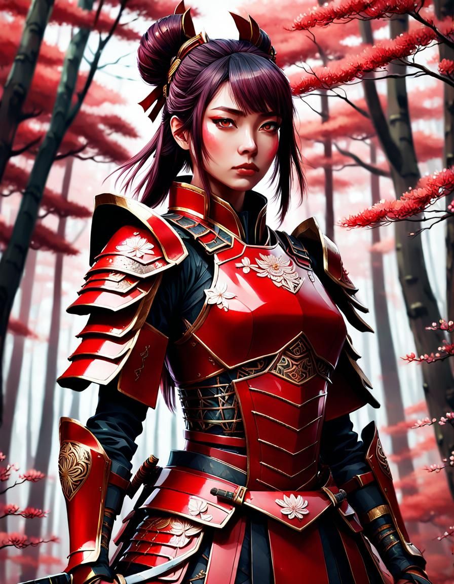 Anime Samurai Girl in Red Armor