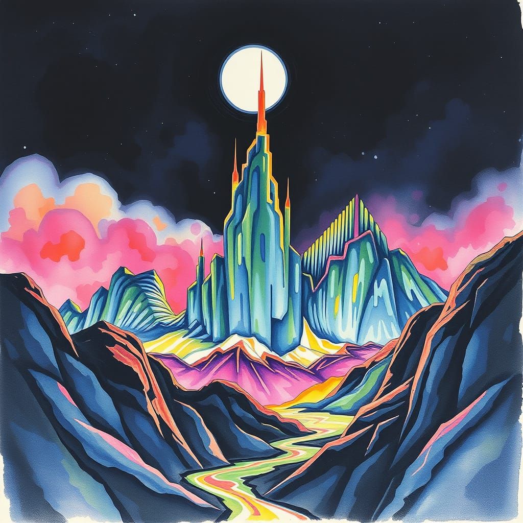 Watercolor Zentangle: Neon Brutalist Monolith