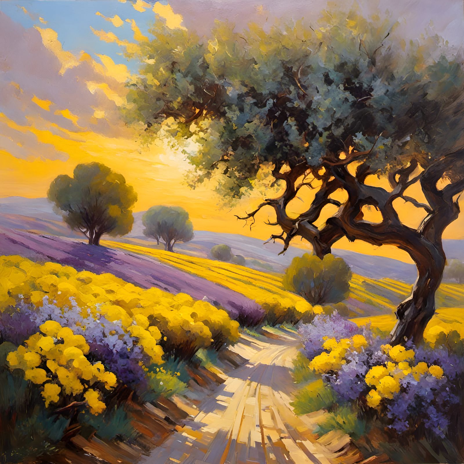 Olive Tree Road in Atmospheric Oil Painting Style