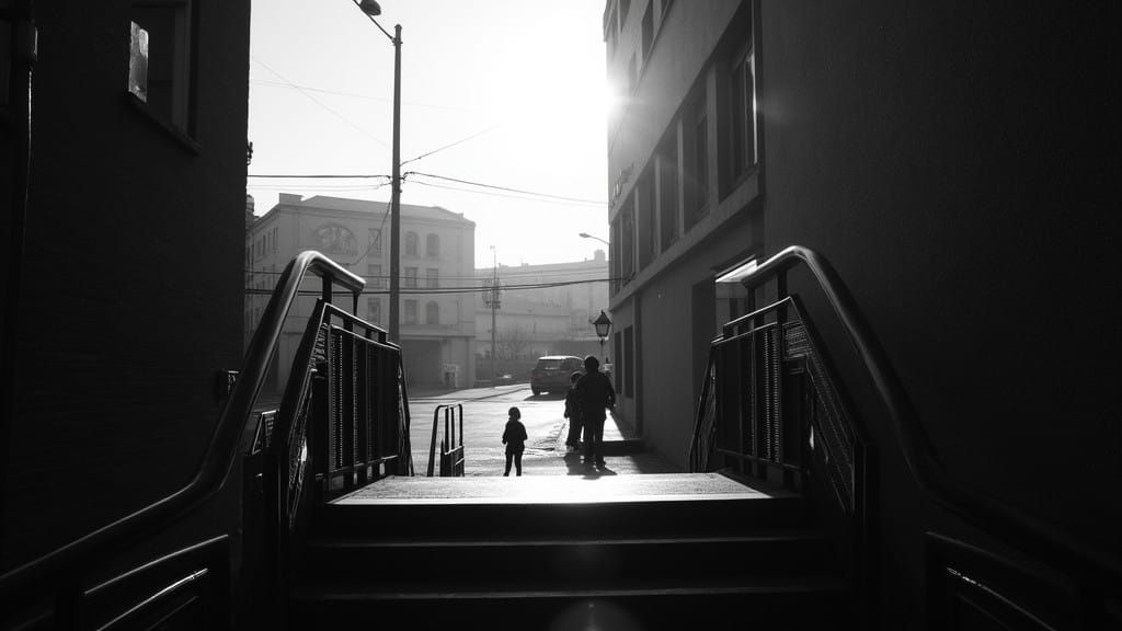 Monochromatic Cityscape with Guiding Staircase
