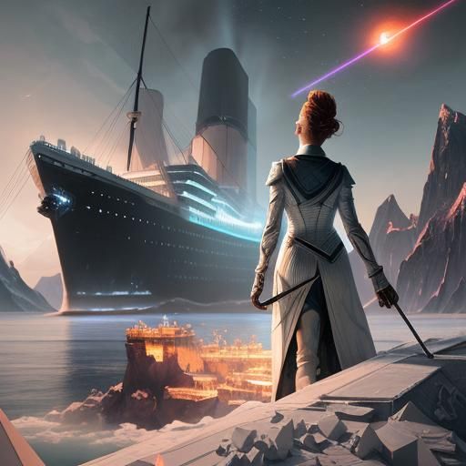 Futuristic Titanic Destroys Iceberg in Fantasy Art