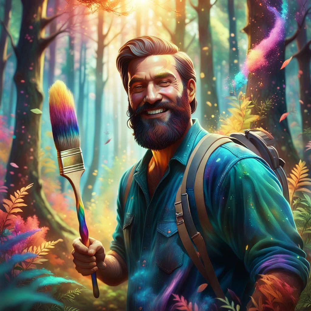 Smiling Painter in Surreal Forest, Fantasy Concept Art