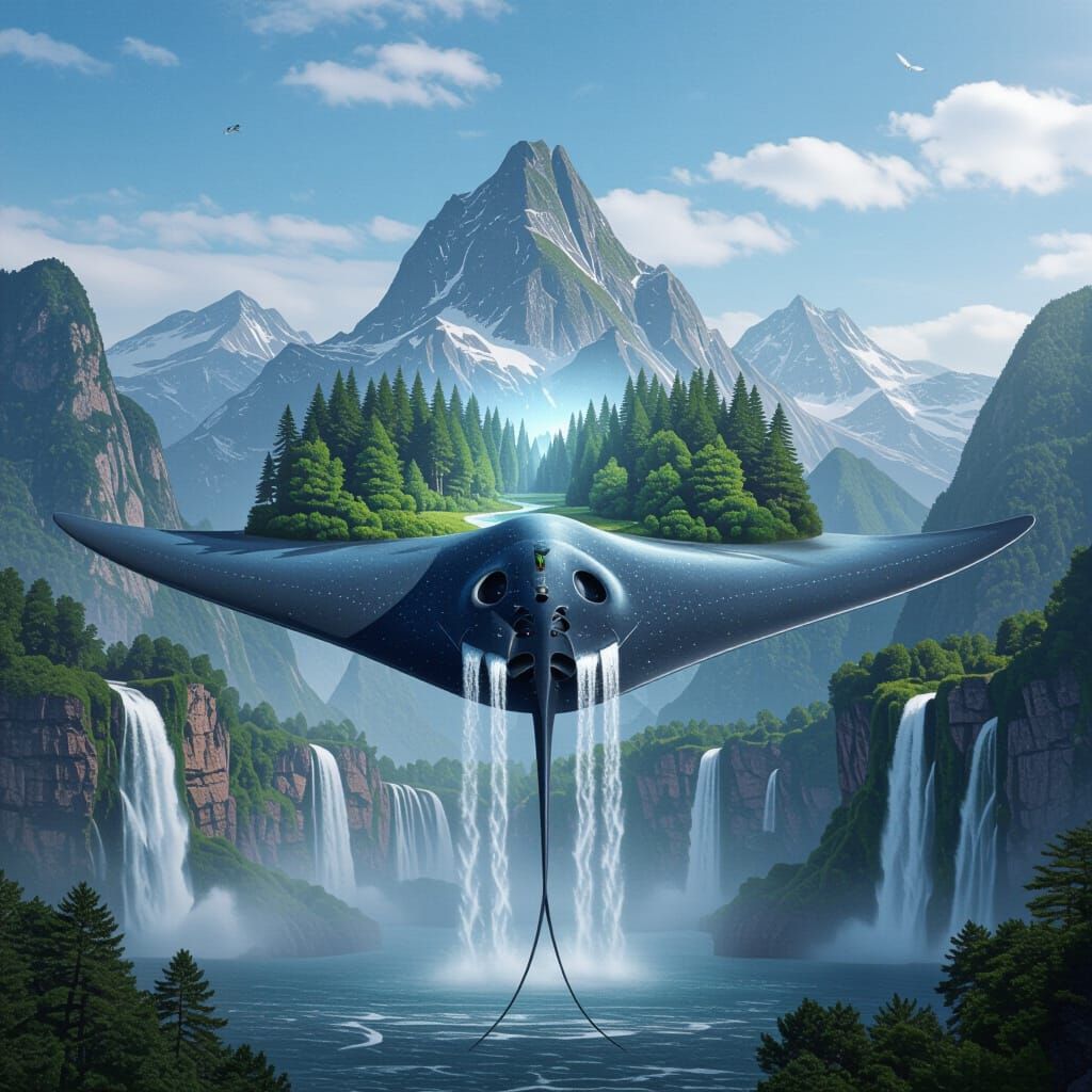 Giant Flying Stingray With Enchanting Forest Landscape