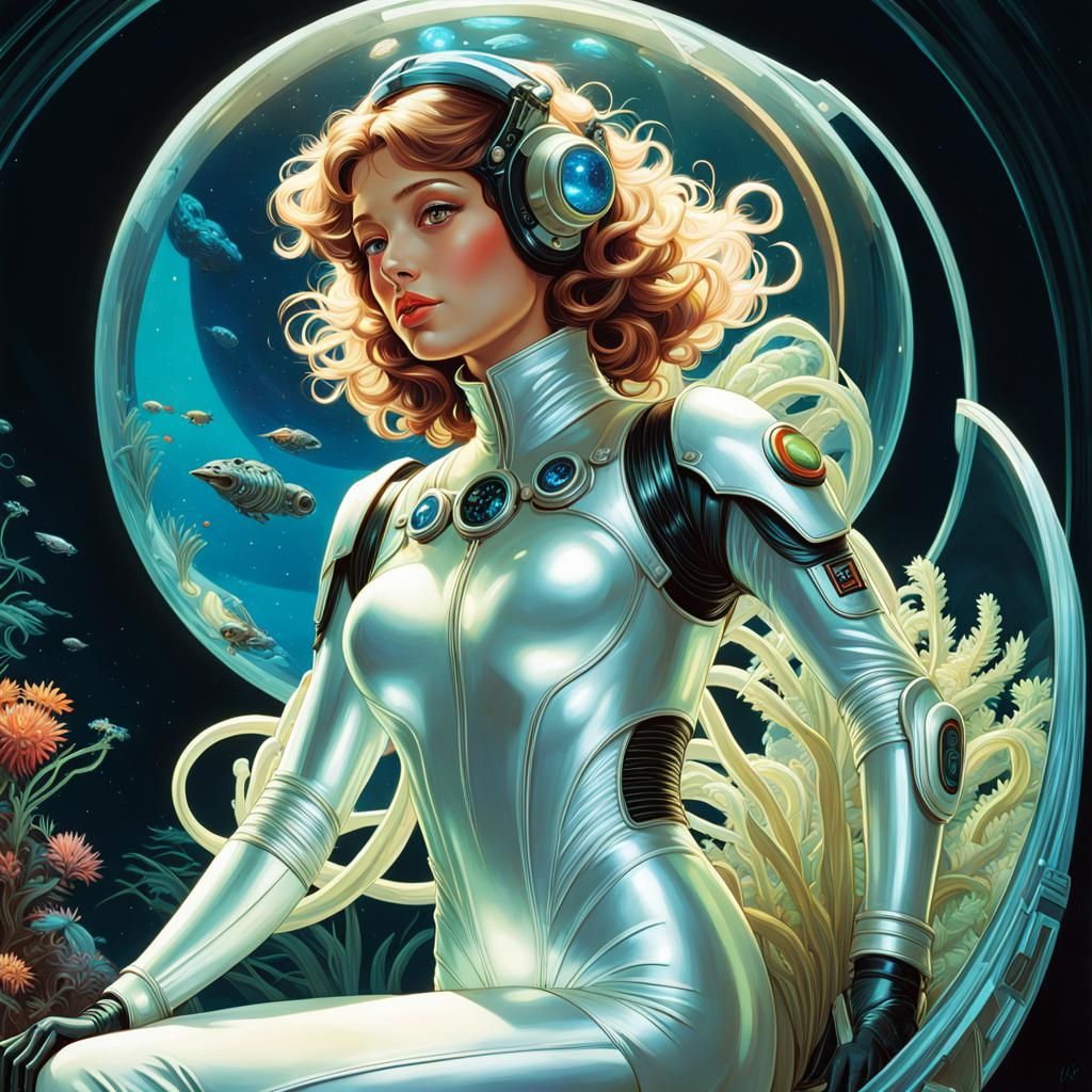 Glowing Space Pilot Embraces Brunette in Art Nouveau Style