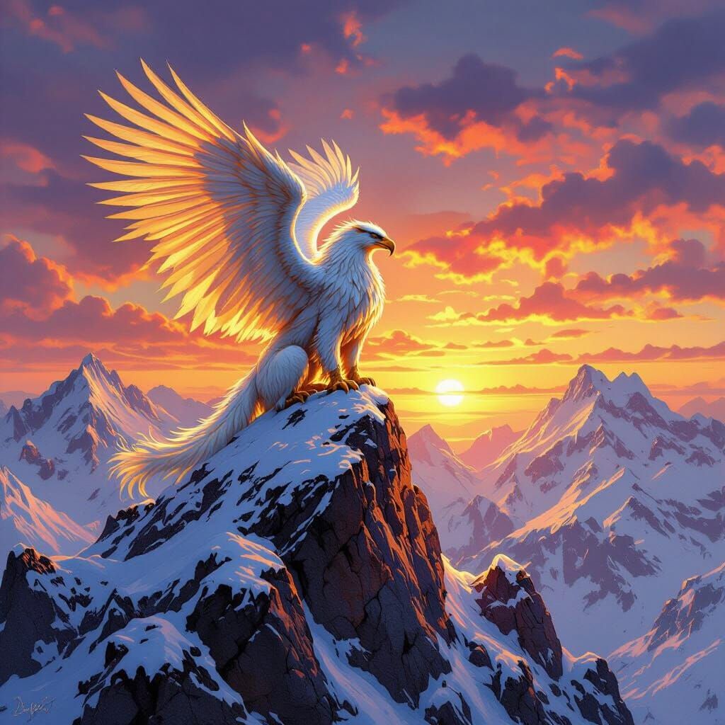 Griffin on Snow-Capped Peak: Fantasy Art