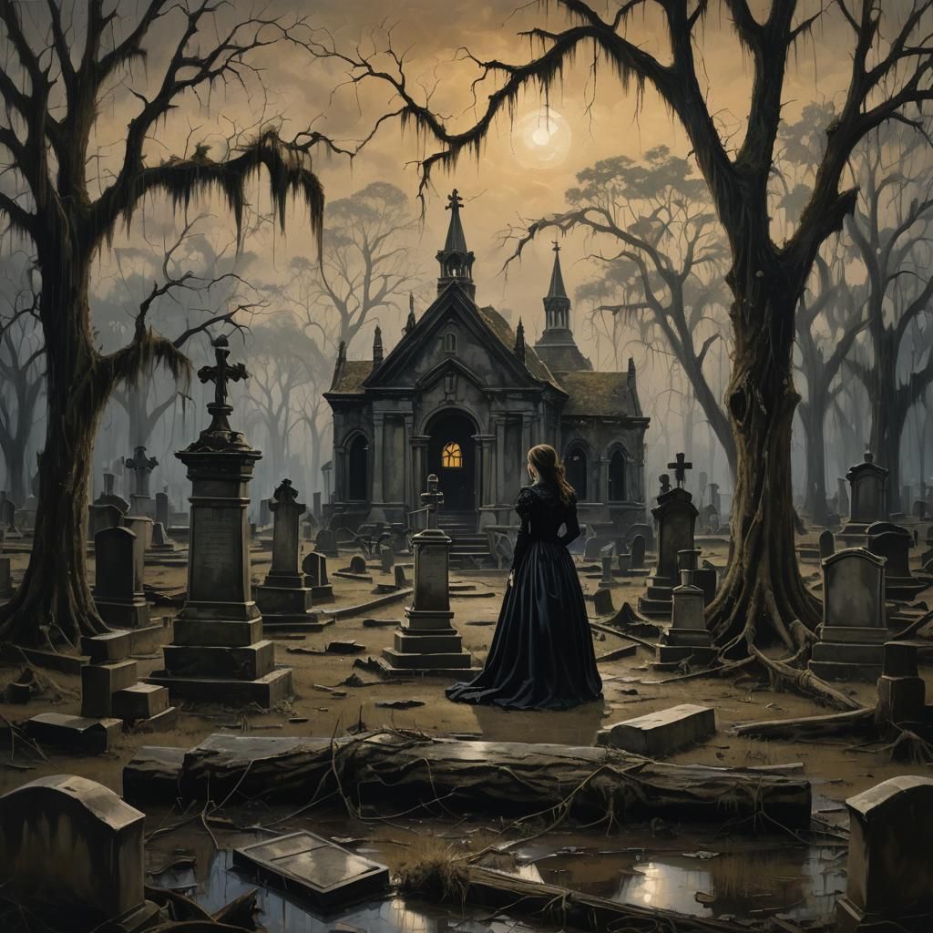 Victorian Figure in Louisiana Graveyard Swamp: Gothic Oil Pa...