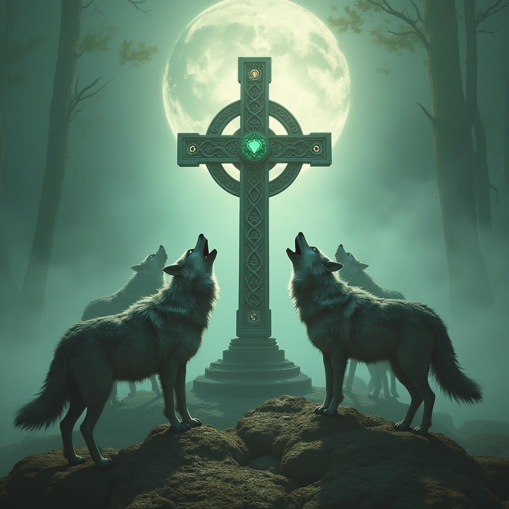 Wolves Guarding Celtic Cross in Detailed Matte Painting