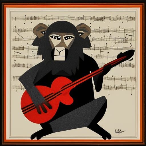 Baboon Plays Guitar: Cut Paper Collage Art