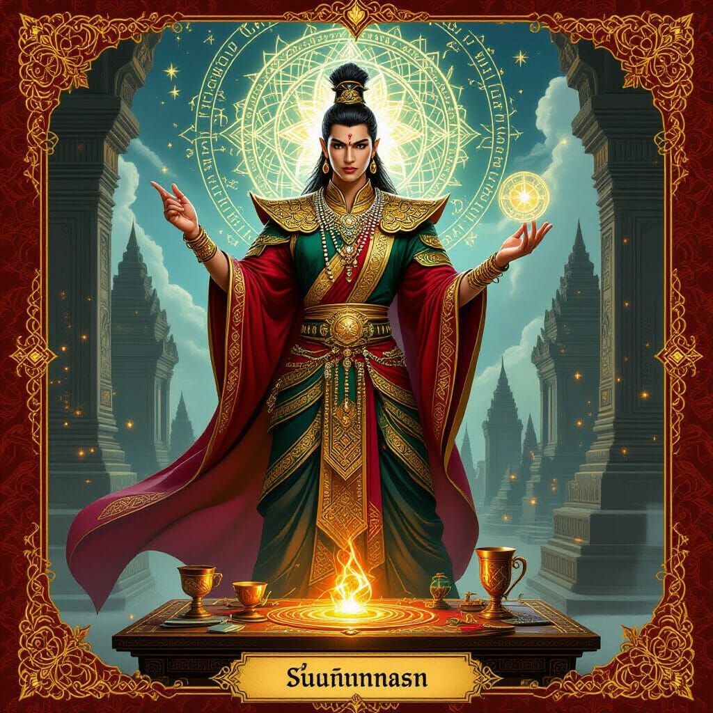 Mystical Tarot Card Featuring Regal Figure in Thai Robes