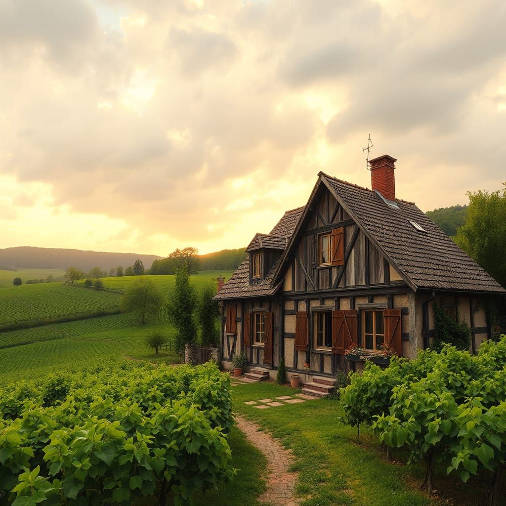 Serenity in Alsace: Weathered Half-Timbered House Amidst Lus...