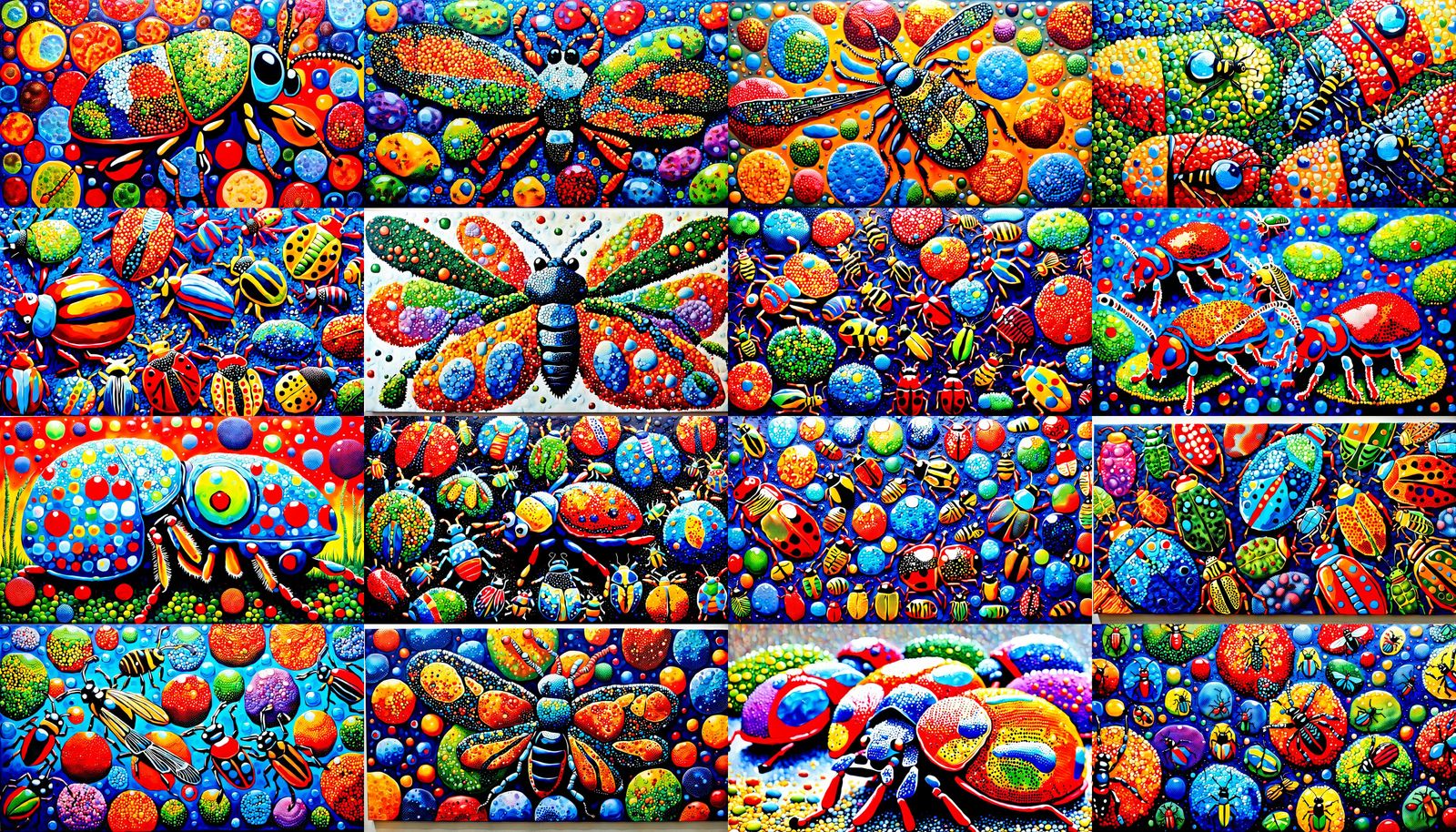 Colorful Insect Assemblage in Acrylic Pointillism