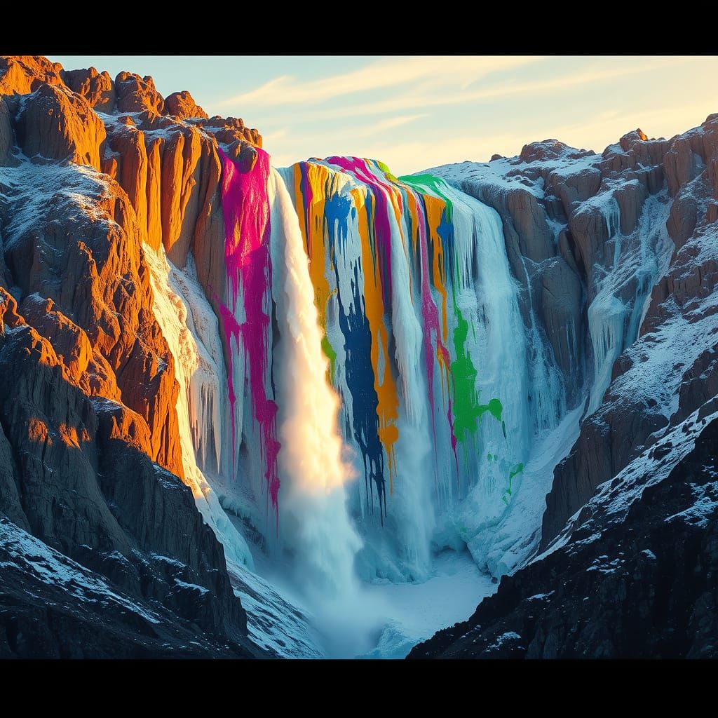 Surreal Sunset Ice Waterfall in Vibrant Graffiti Style