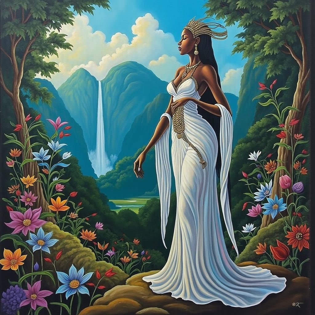 Mystical Nigerian Goddess in Lush Forest