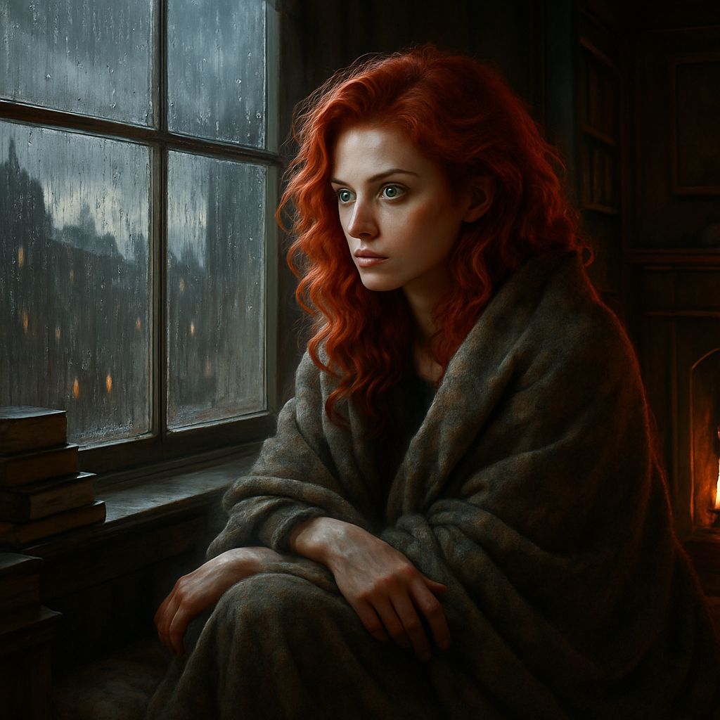 Victorian Woman Gazing at Rainy Cityscape