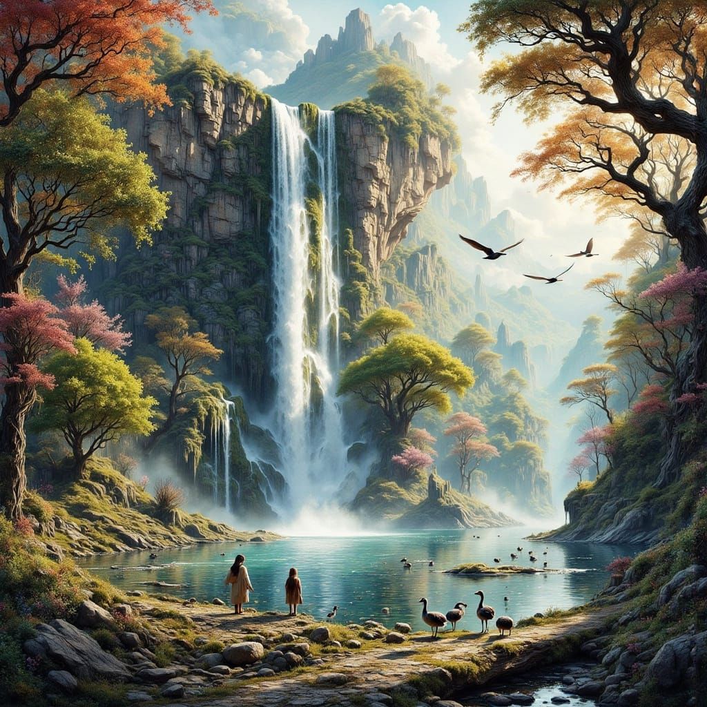 Enchanted Waterfall Scene with Pond and Sculptures