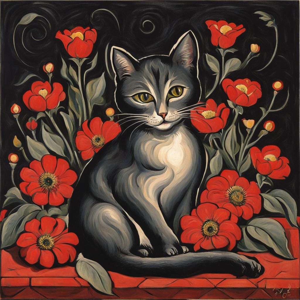 Cat on Pillow in Orozco Style with Heart Lights