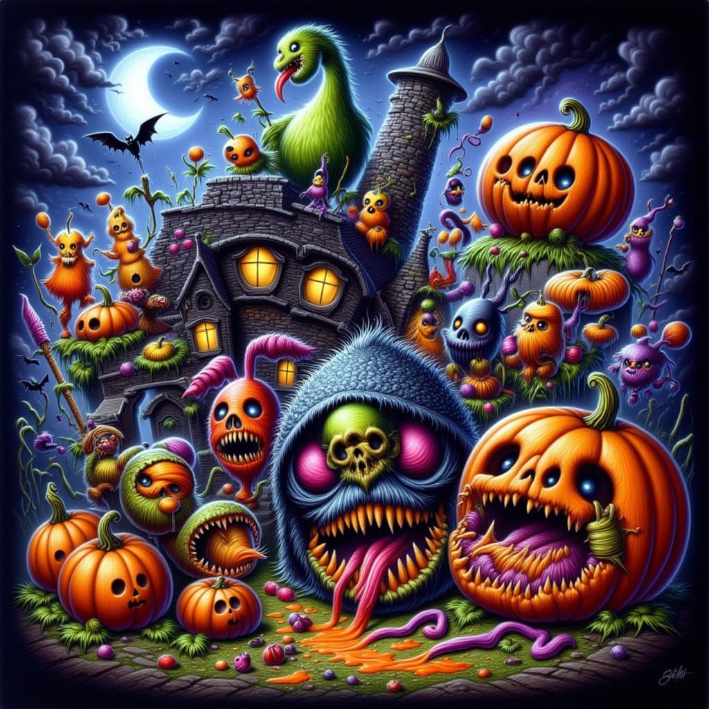 Whimsical Gothic Halloween Creatures in Haunted House