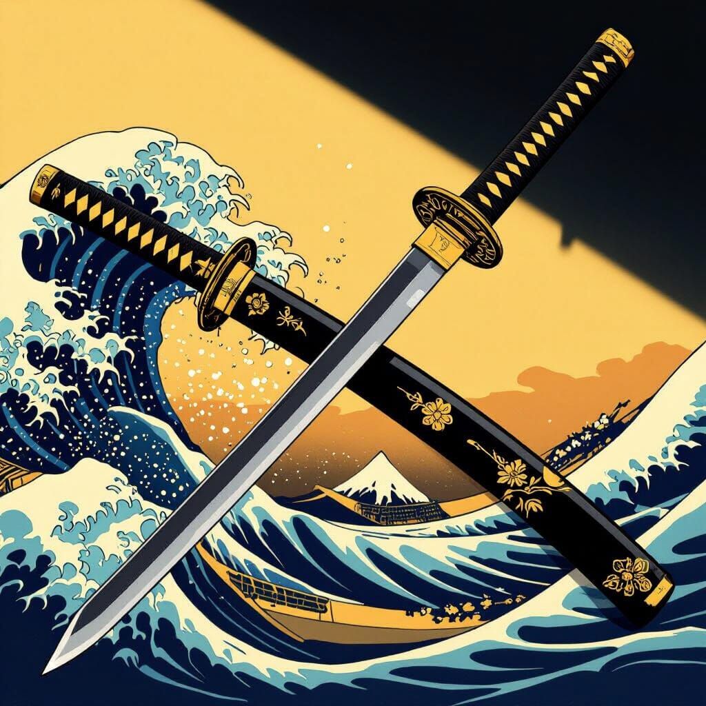 Golden Katana Crossed With Black Scabbard in Ukiyo-e Style