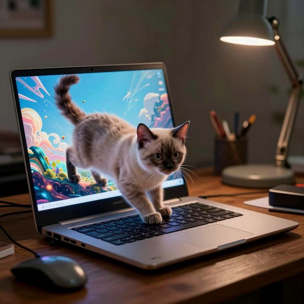 Tiny Birman Cat Emerges from Laptop Screen
