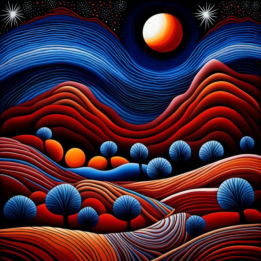 Dreamtime Art: Moonlit Aboriginal Landscape Painting