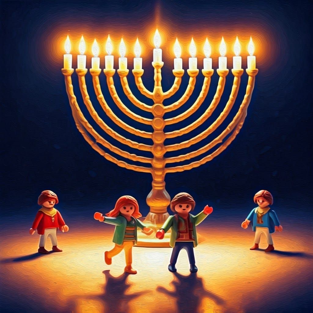 Playmobil Figures Dance Around Hanukkah Menorah in Whimsical...