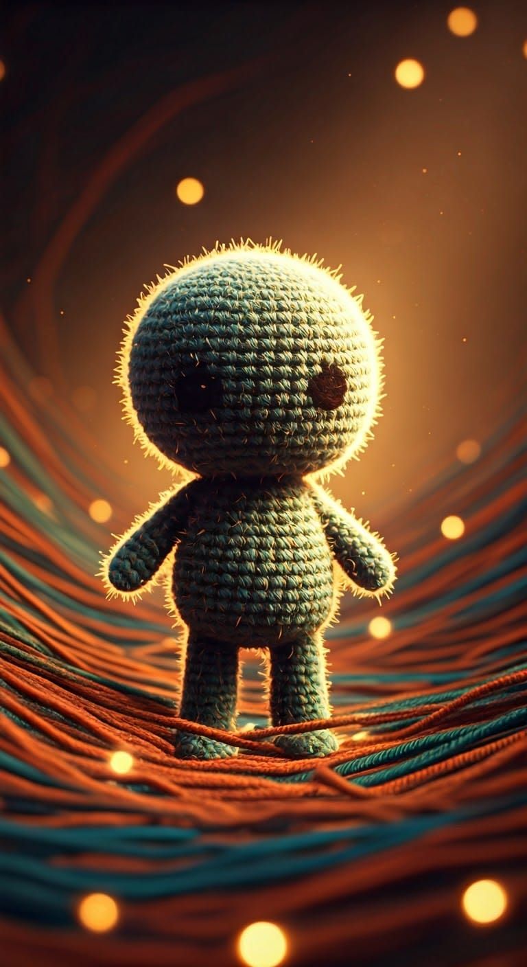 Melancholic Yarn Figure in Whimsical Tapestry