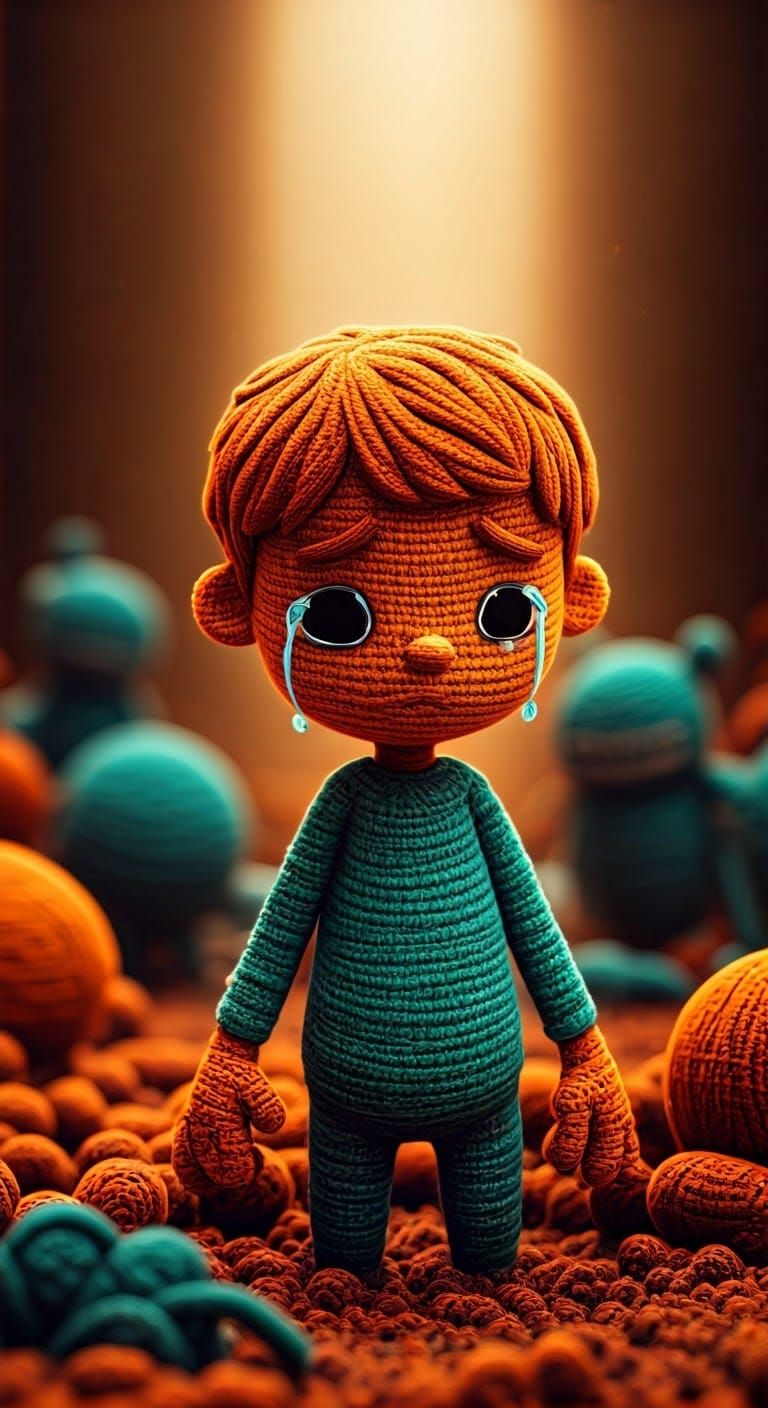 Whimsical Yarn Boy in Art Nouveau-Inspired Scene of Sorrow