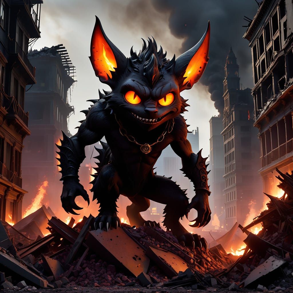 Mischievous Imp in Post-Apocalyptic Cityscape