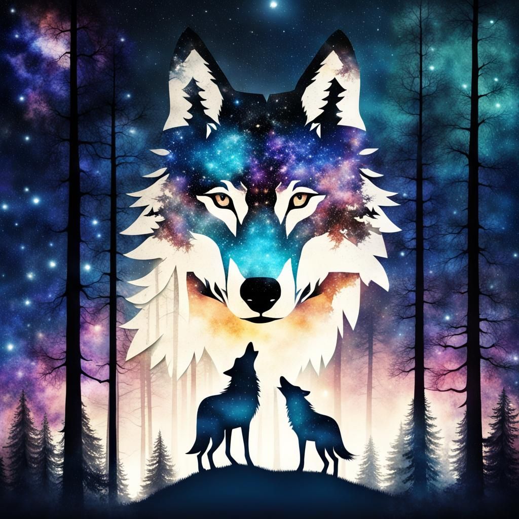 Double Exposure: Paper Wolf in Galaxy Forest