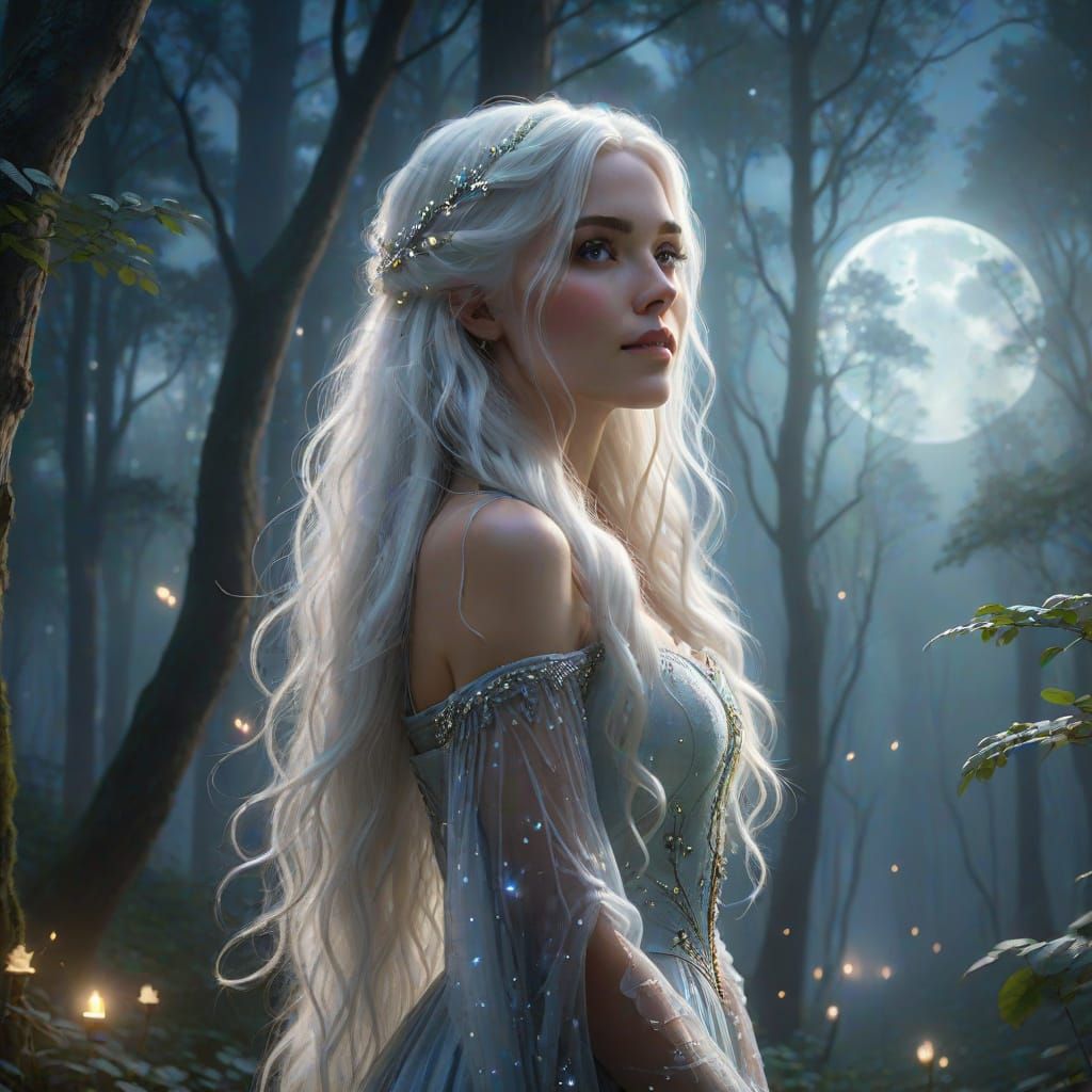 Ethereal Woman in Moonlit Forest Painting