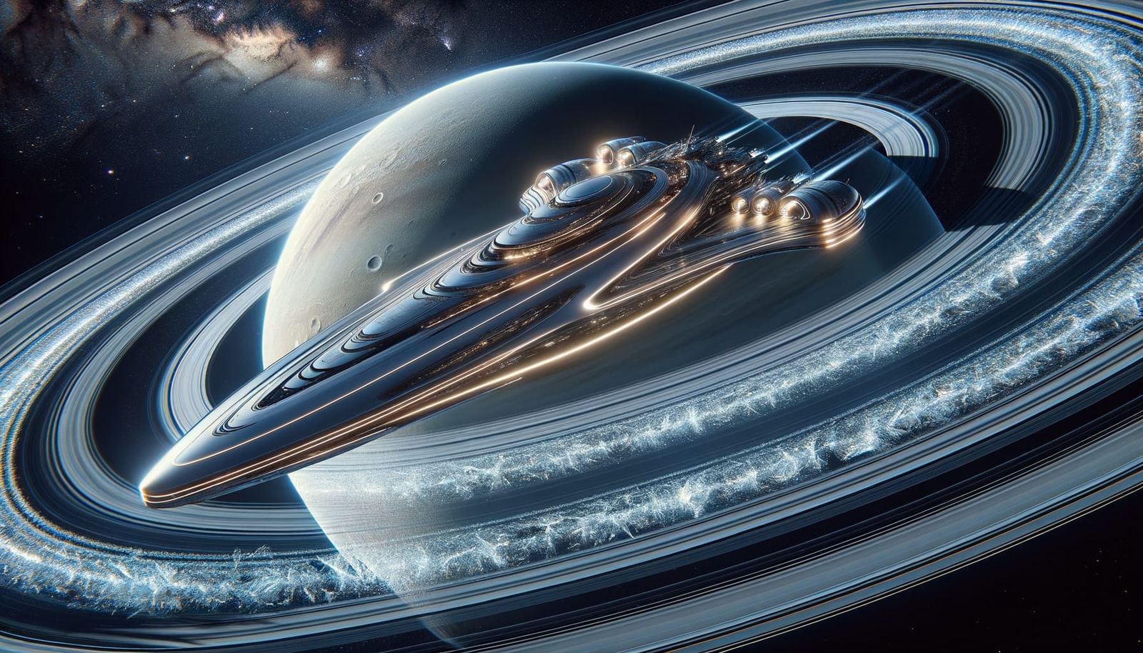 Futuristic Space Yacht Glides Through Saturn's Rings