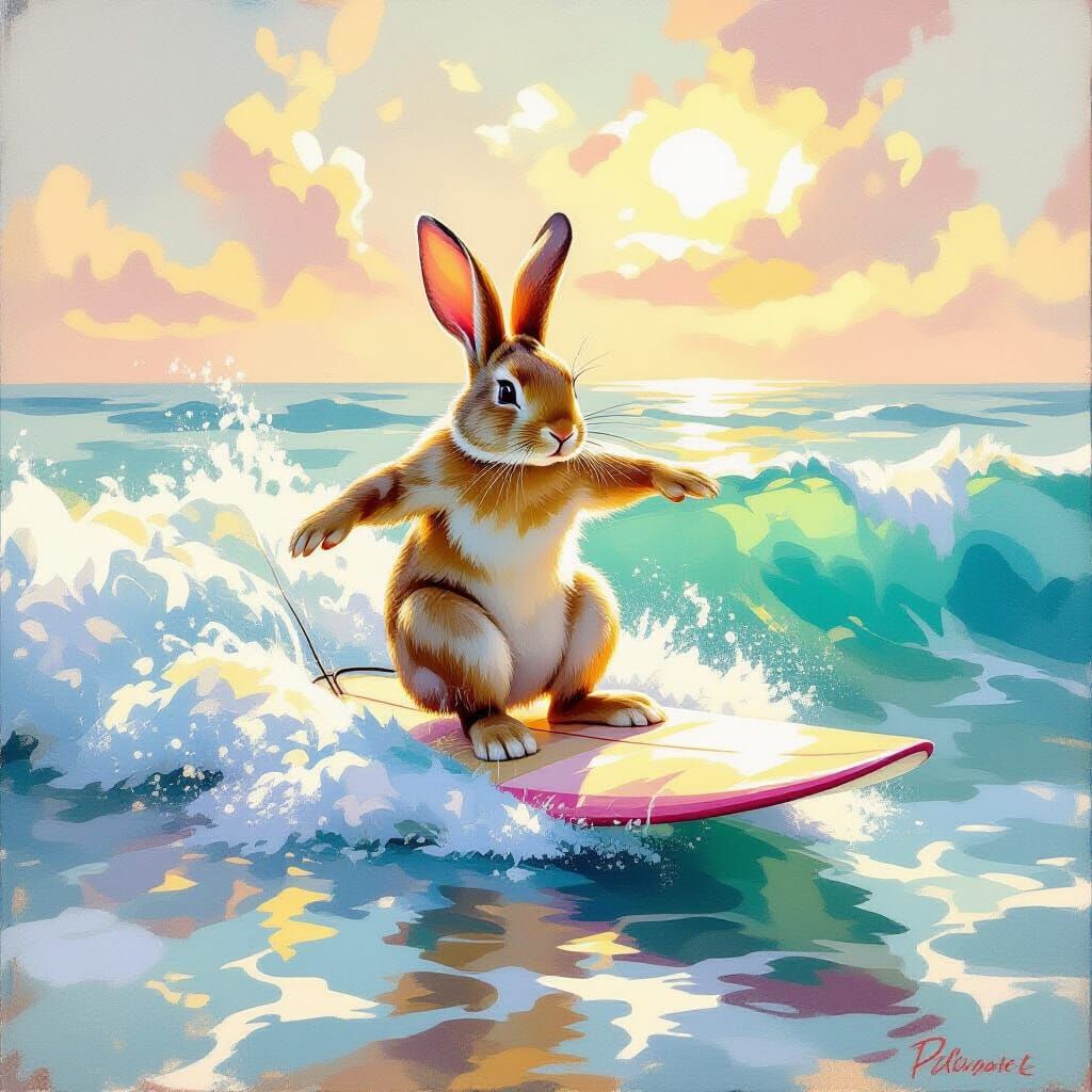 Easter Bunny Surfing in Rococo Impressionist Style