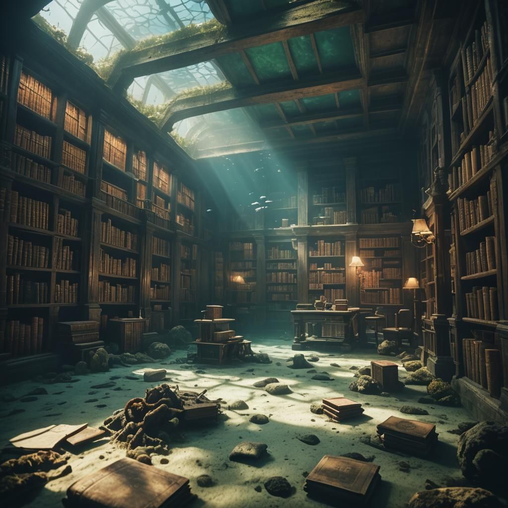 Underwater Ancient Library: Cinematic Film Still