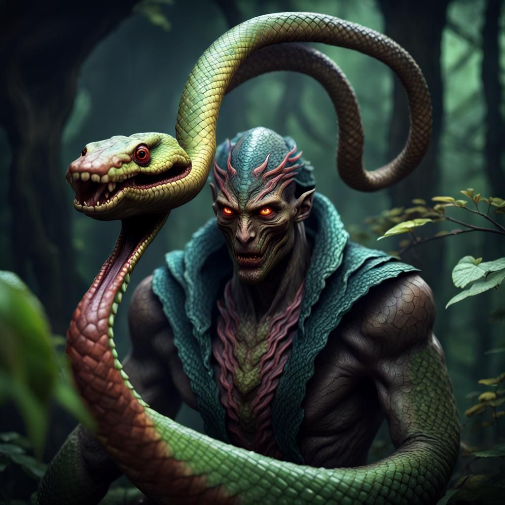 Scary Snake-Human Monster in Jungle Setting