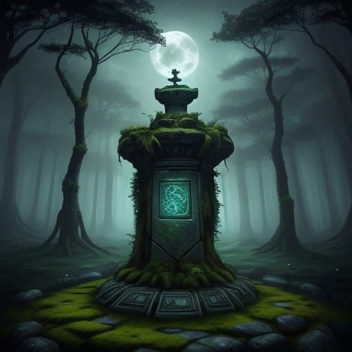 Mysterious Stone with Glowing Runes in Ancient Forest