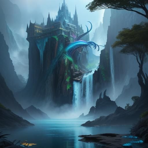 Fantasy Hybrid Creature Under Waterfall, Detailed Matte Pain...