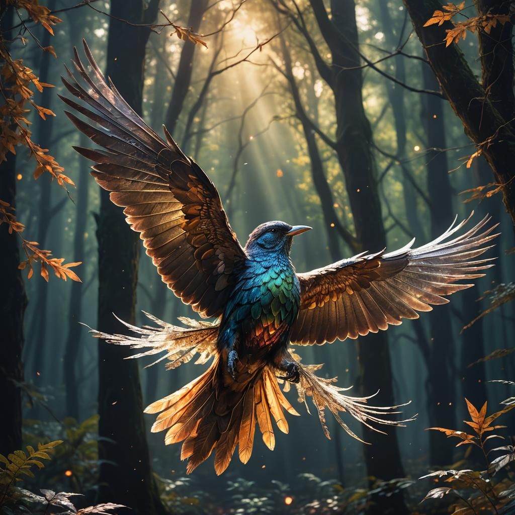 Radiant Forest Bird in Flight: Mystical Concept Art