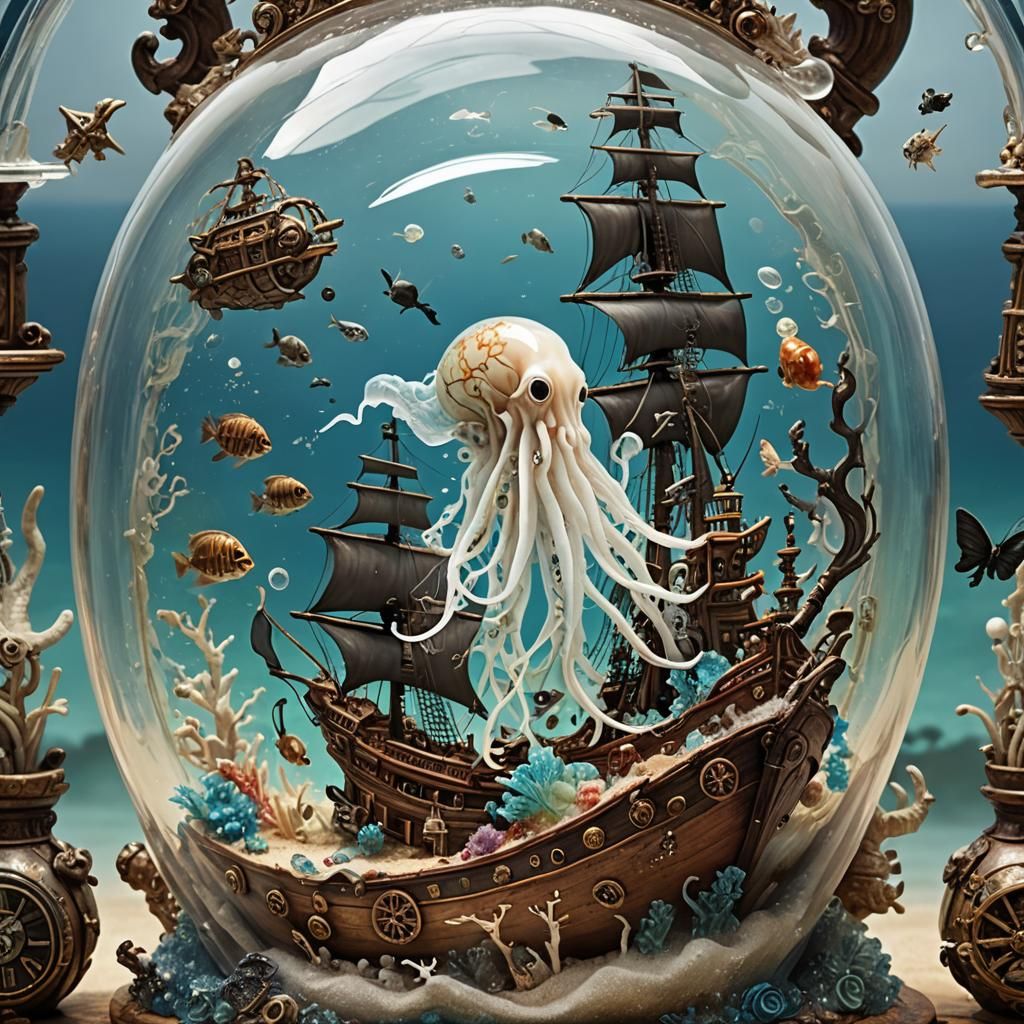 Pirate Ship Inside Nautilus Shell in Ocean Scene