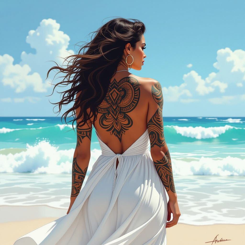 Woman with Tribal Tattoo at Ocean in Comic Style