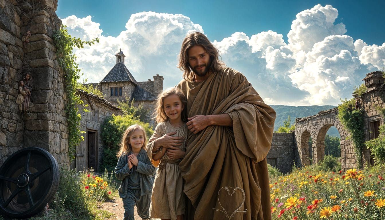 Jesus Embracing Children in a Rustic Village