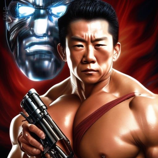 Wrestler in Terminator Poster, Hyperdetailed Digital Art