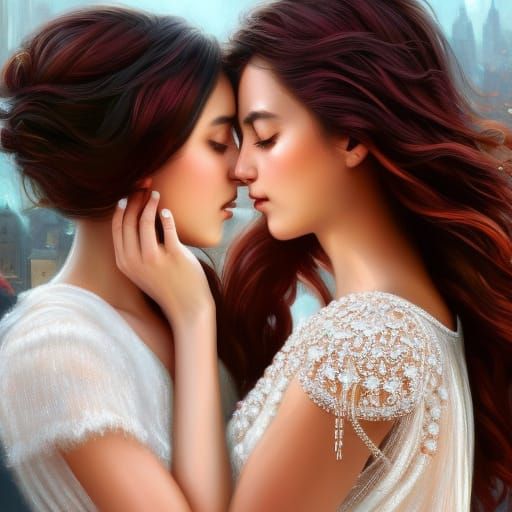 Two Women Kissing in Expressionist Portrait