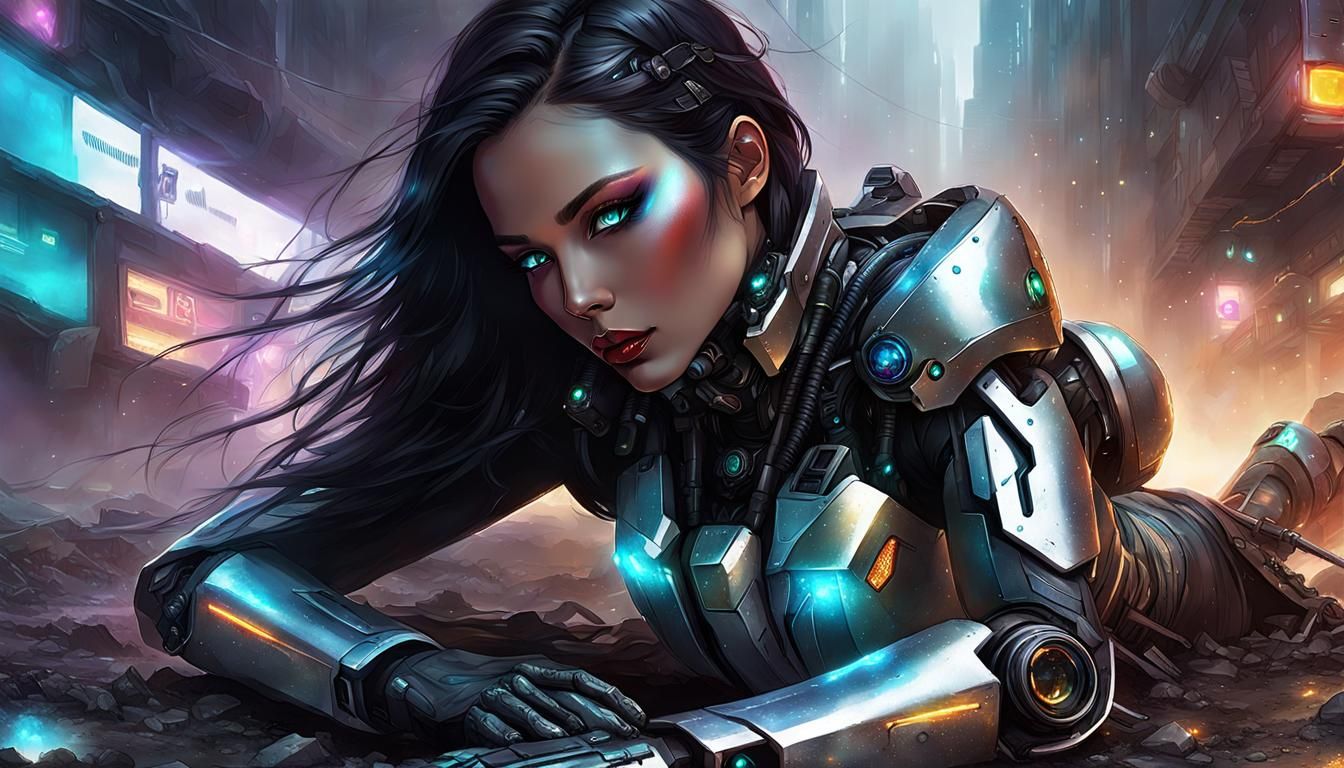 Fallen Cyborg in Dystopian Wasteland: Digital Watercolor