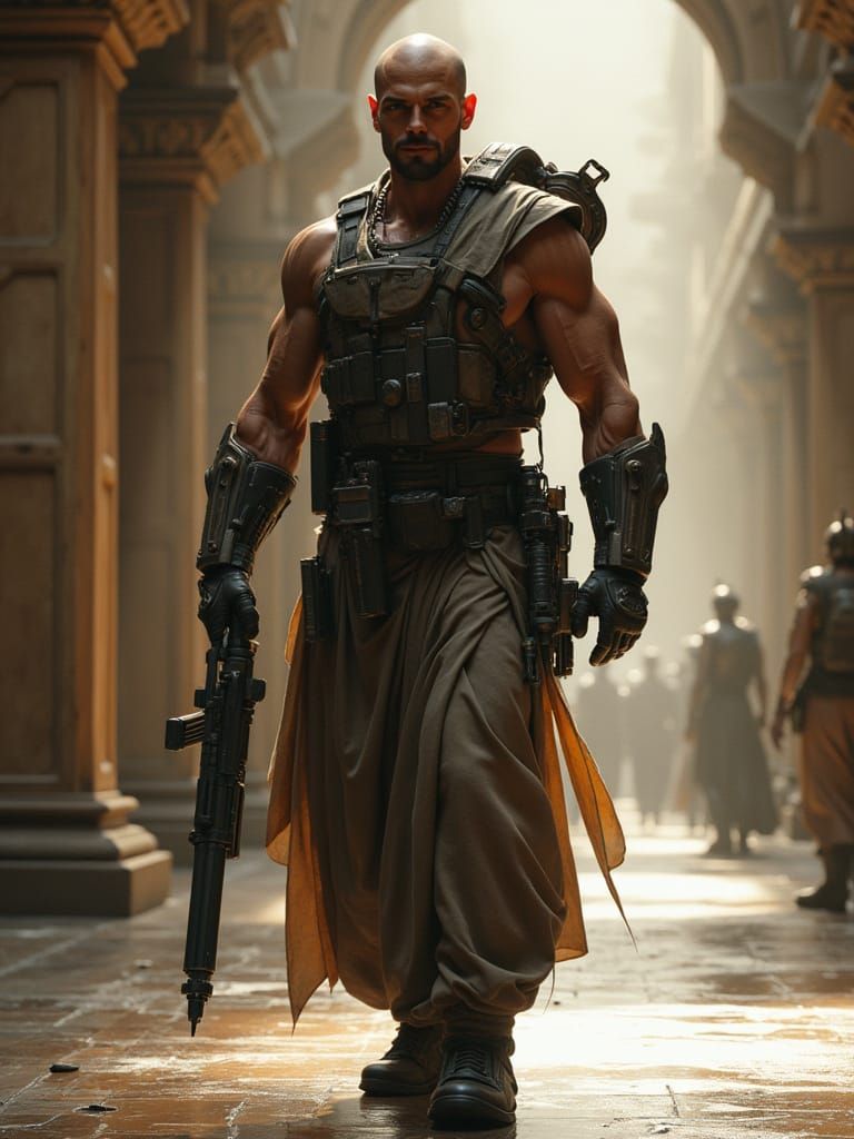 Tactical Bodybuilder Monk in Industrial Futurism Style