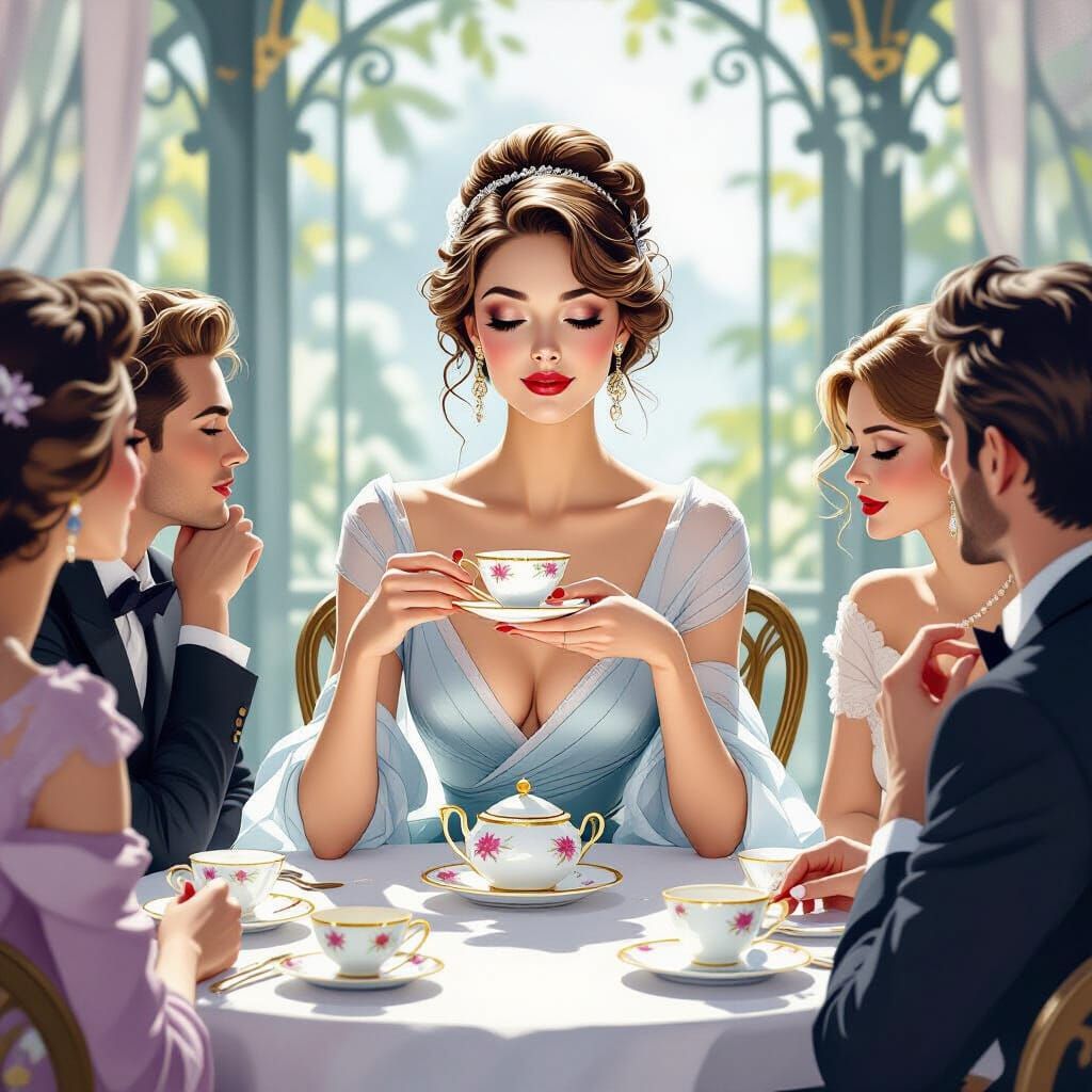 Elegant Woman Ponders Life at Tea Gathering in Art Nouveau S...