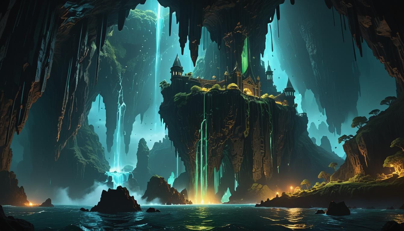 Glowing Citadel on a Subterranean Island