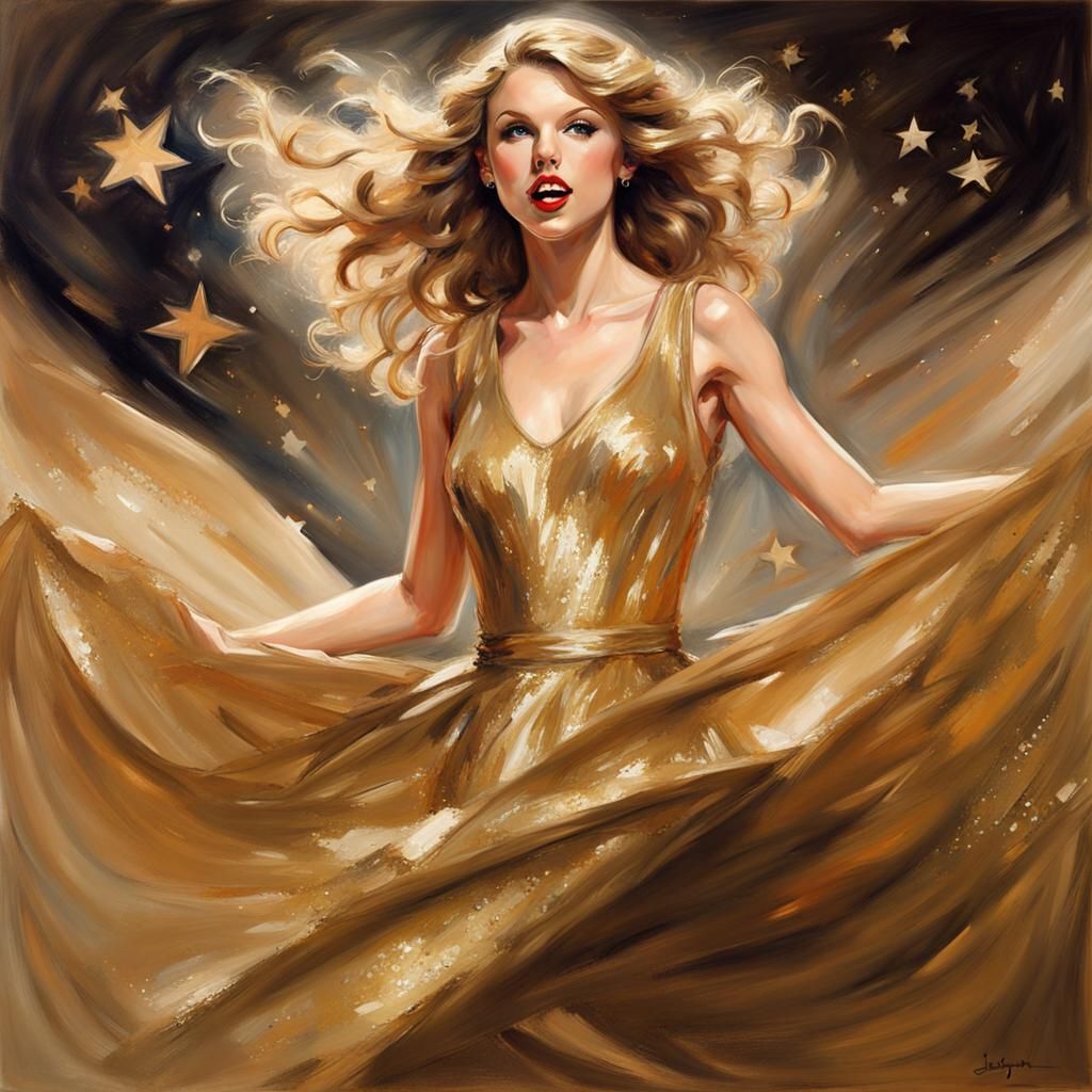 Taylor Swift in Gold Dress, Oil Painting