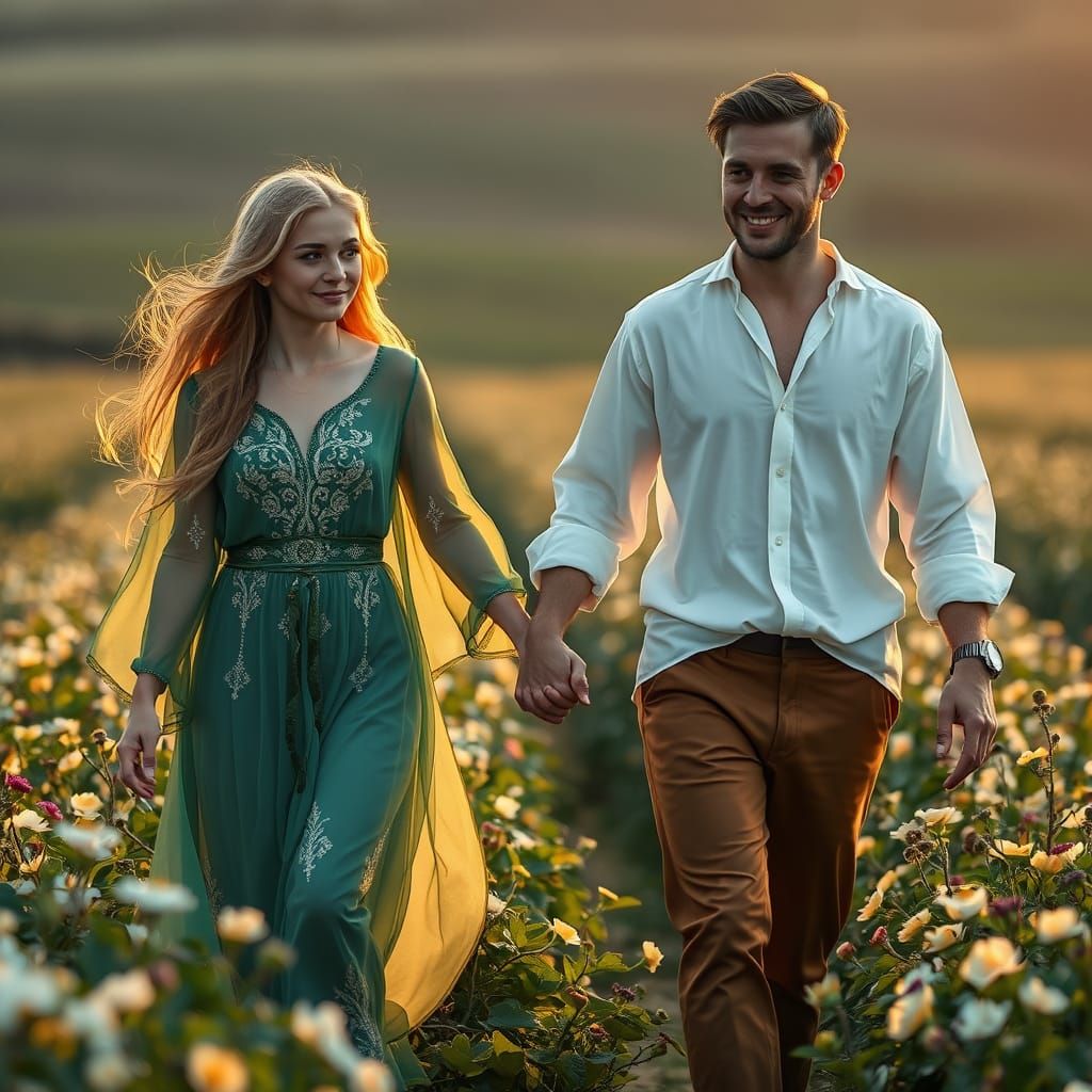 Ethereal Fairy and Her Gentle Husband Stroll Through a Sunse...